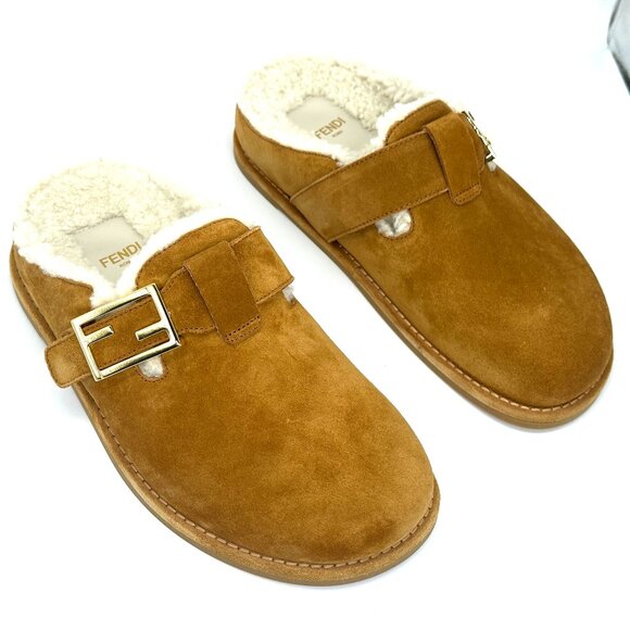 FENDI Feel FF Shearling  Buckled Sabots Mules Slides Flat Clog Sandals - Picture 13 of 16